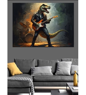 Gitar Çalan Sürreal Dinozor Figürü Dekoratif Kanvas - Mdf Ahşap Tablo