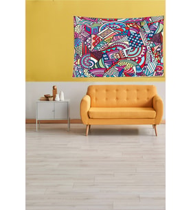 Multirenk Geometrik Çizimli Leke Tutmaz Kadife Kumaş Duvar Örtüsü Duvar Halısı Tapestry (Çok Renkli)