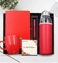Kişiye Özel Kırmızı Defter & Kırmızı Mat Roller Kalem & Kırmızı Kupa & Özel Deri Kılıflı 500 Ml Kırmızı Su Matarası Hediye Seti