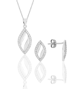 Söğütlü Silver Gümüş rodyumlu zirkon taşlı mekik kolye ve kupe ikili set..