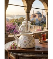 EMAYE CAM ÇAYDANLIK BEYAZ ÇİÇEKLİ