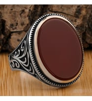 925 Ayar Gümüş Düz Akik Taşlı Oval Model Yüzük