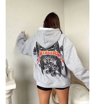 Kadın 2 İplik METALLICA Baskılı Kapüşonlu Sweatshirt Hoodie - Gri