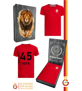 Galatasaray Orijinal Lisanslı Umbro V Yaka Kırmızı Kişiye Özel T-Shirt Hediyelik Ahşap Kutulu