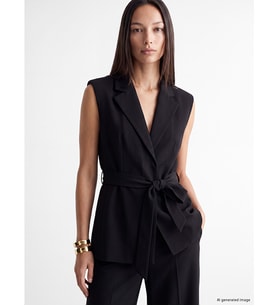 LCW EVERYDAY Siyah Beli Kuşaklı Keten Karışımlı Kadın Klasik Yelek