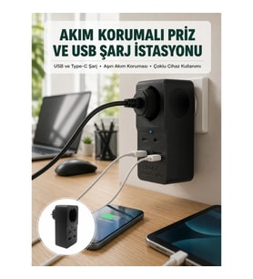 Mey İthalat® Isıya Dayanıklı PC Gövdeli Akım Korumalı Priz 4 USB Yeni Nesil