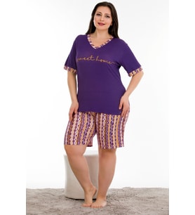 Lady Büyük Beden V Yaka Viskon Kumaş Kısa Kol Şortlu Pijama Takımı 10384