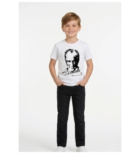 Erkek Çocuk ATATÜRK Baskılı T-Shirt Ve Siyah Keten Pantolon Takım 23Nisan 29Ekim Özel Günler
