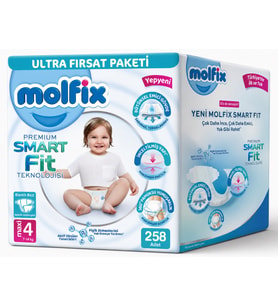 Molfix Premium Smart Fit Bebek Bezi 4 Beden 7-14 KG Maxi 258 Adet Aylık Ultra Fırsat Pk