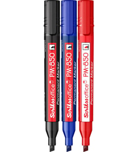Office PM 850 Permanent Kalıcı Kesik Uçlu Markör 3'Lü Blister Siyah, Mavi, Kırmızı