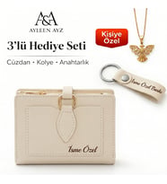 AYLEEN AYZ Kişiye Özel Kadın 3'lü Hediye Seti - Anka Kuşu Kolye İsme Özel Deri Cüzdan ve Anahtarlık (Krem)