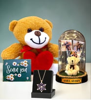 Kişiye Özel Led Işıklı Fanus & Ametist Taşlı Lotus Kolye & Kalpli Peluş Ayıcık Seti (Model 1)