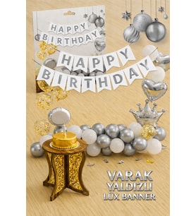 Gümüş Varak Yaldızlı Lüks Happy Birthday Banner - Beyaz