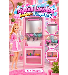 Aynalı Lavabo Banyo Seti - Modern Banyo Seti - Minyatür Ev Oyuncak Seti - Banyo Oyuncak Seti - Aynal
