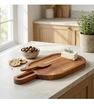 Doğal Akasya Ahşap Oval Peynir ve Sunum Tahtası – 30x14 cm Saplı Servis Tepsisi, Yanında Özel Ahşap Peynir Bıçağı İle (2 Parça Set)