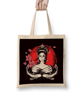Japan Flag Geisha Fish Sakura Cherry Blossom Tree Japanese Bez Çanta Uzun Saplı