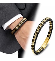 Moncuk Design Sarı Çift Zincir Çelik Ve Deri Bileklik 33514B2D4