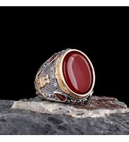 Senin Silver – Şah Duruşu 925  Oval Taşlı Maskülen Yüzük (Kırmızı)