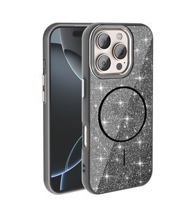Apple iPhone 16 Pro Kılıf M-safe Şarj Özellikli Parlak Simli Shinig Okso Kapak (Siyah)