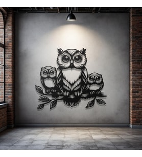 Metal Baykuş Duvar Dekoru – Aile Figürlü Modern Metal Tablo Ev Ofis Salon Dekoratif Duvar Süsü (Siyah)