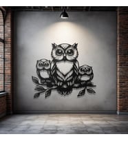 Metal Baykuş Duvar Dekoru – Aile Figürlü Modern Metal Tablo Ev Ofis Salon Dekoratif Duvar Süsü (Siyah)