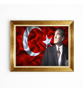 Tablore Mustafa Kemal Atatürk Ve Türk Bayrağı Temalı Altın Varak Çerçeveli Tablo Lüks Ofis Duvar Dekorasyonu
