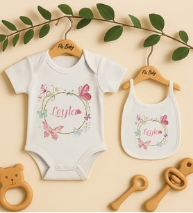 Pia Baby Premium %100 Pamuk İsme Özel Organik Baskılı Çıtçıtlı Bebek Body Ve Önlük 5070-20 (Ekru)