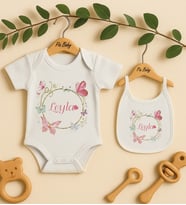 Pia Baby Premium %100 Pamuk İsme Özel Organik Baskılı Çıtçıtlı Bebek Body Ve Önlük 5070-20 (Ekru)