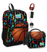 Coral High Okul Çantası ve Beslenme Çantası Seti - Erkek Çocuk Siyah Turuncu Basketbol - USB Soketli
