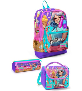 Coral High Kids Lila Turkuaz Dondurma ve Anime Desenli 3'lü Okul Çanta Seti SET0123773 - Kız (Çok Renkli)