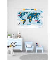 Hayvanlı Dünya Haritası, Çocuklar Için Eğlenceli Dünya Haritası, Eğitici Oyuncak Çocuk Odası Sticker