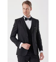 Siyah Armürlü Çıkarılabilir Mono Yaka Yelekli 6 Drop Slim Fit Smokin Damatlık Takım 1001230202