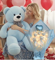 Sevgiliye Özel 90 cm Peluş Ayı ve LED’li Mavi Ayıcık Buketi Kalp Balonlu Sevgililer Günü Hediye Seti (Açık Mavi)
