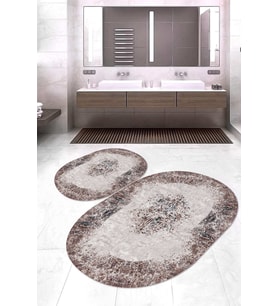 Dijital Baskılı Kaymaz Taban Yıkanabilir Oval 2'li Klozet Takımı Banyo Paspası NOKZ-HT-198 (Kahverengi)