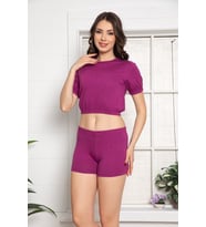 Kadın Göbek Üstü Kolu Ve Beli Lastikli Mor Renkli Penye Kumaş Şortlu Pijama Takımı 30106
