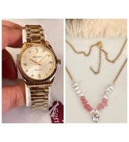 Ferrucci Taşlı Kadran Rolex Kasa Çelik Kadın Kol Saati+Çelik Kolye Hediye (Sarı Altın)