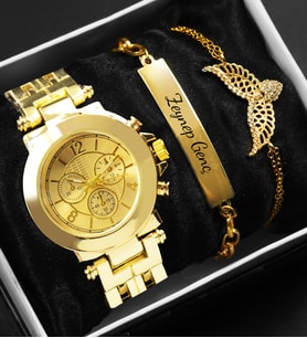 Özel Kutulu Gold Metal Kordon Kadın Saati & Kişiye Özel Bileklik & Gold Zirkon Taşlı Kanatlı Melek Bileklik