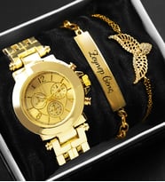 Özel Kutulu Gold Metal Kordon Kadın Saati & Kişiye Özel Bileklik & Gold Zirkon Taşlı Kanatlı Melek Bileklik
