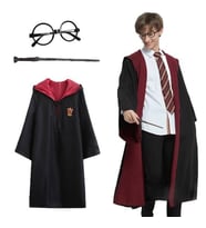 Harry Potter Gryffindor Kapişonlu Çocuk Kostüm + Asa + Gözlük Seti 5-6 Yaş pop