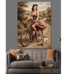Bisikletli Pin-Up Kız Köpek Dekoratif Kanvas - Mdf Ahşap Tablo