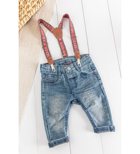 Denim Kumaş Askılı Erkek Bebek Kot Pantolon (Mavi)