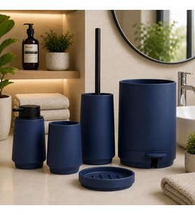 Banyo Seti 5 Parça, Çöp Kovası, Tuvalet Fırçası, Sıvı Sabunluk, Diş Fırçalık ve Bardak, Modern Tasarım, Dekoratif Banyo Aksesuar Seti, Mat Lacivert