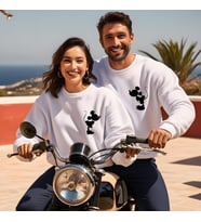 Sevgililer Günü Kombin Erkek Kadın Mickey Mause Görselli Bisiklet Yaka Sweatshirt 2013 (Beyaz)