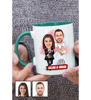 Çiftlere Özel Komik Hediye Gelin Damat Karikatürlü Yeşil Kupa Bardak