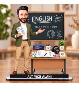 Kişiye Özel Erkek İngilizce Öğretmeni Karikatürlü 18 cm MDF Masaüstü Biblo - Öğretmen Hediyesi Öğretmene Özel Hediye