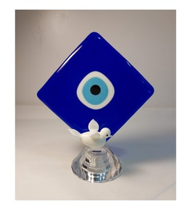 El Yapımı Cam Nazar Boncuk Kare Beyaz Kuşlu Nazarlık 14x16cm Tekli Biblo