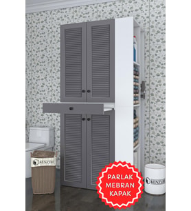Kenzlife membran çamaşır-kurutma makinesi dolabı ahi evran sağ gribyz panjur 187*090*60 mebran kapak MDF gövde (Beyaz-Gri)
