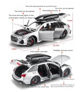 1:24 Audi Rs6 Sesli Işıklı Kapıları Kaputu Bagajı Açılabilen 14 Cm Metal Model Araba Gümüş Renk