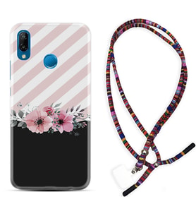 Huawei P20 Lite Mate 10 20 Lite Pro P40 Lite KılıfBoyun Asklı Rasta Silikon Strip Pink Flowers 1396