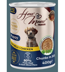 HOW MEOW 12 ADET JÖLELİ PARÇA ETLİ YAVRU KÖPEK YAŞ MAMASI TAVUK 400 GRAM
